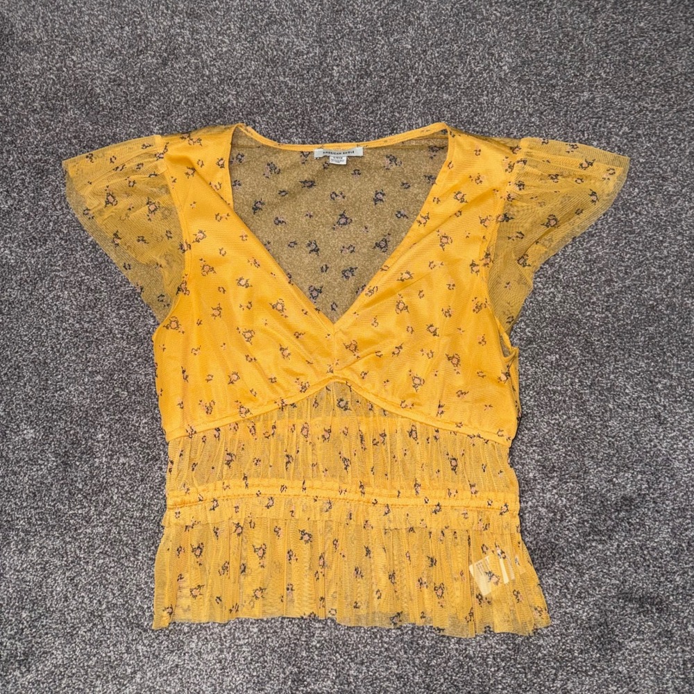 American Eagle Women's Flutter-Sleeve Ruched Top Yellow Mesh w/ Delicate Floral